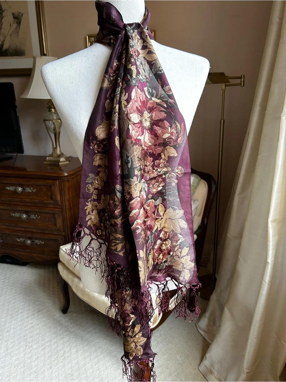 Vintage Ralph Lauren Burgundy Silk Jacquard Floral Silk Scarf with Silk Fringe